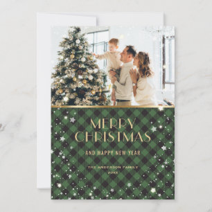 Cartes Pour Fêtes Annuelles Photo Green Gold Buffalo Plaid Snowy