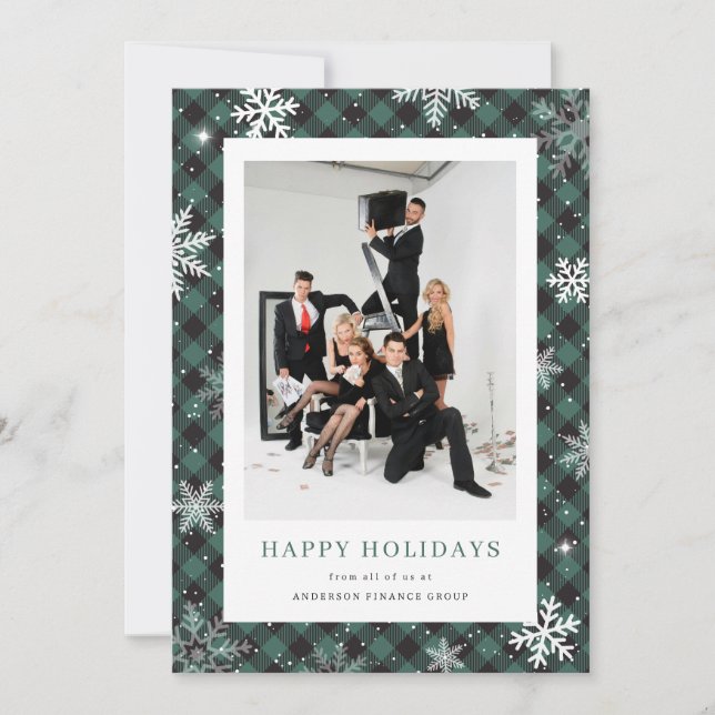 Cartes Pour Fêtes Annuelles Photo Green Plaid Snowflon Entreprise (Devant)