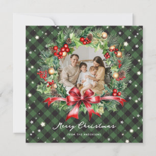 Cartes Pour Fêtes Annuelles Photo Green Plaid Wreath Stars Joyeux Noël