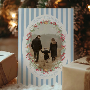 Cartes Pour Fêtes Annuelles Photo Guirlande de Baies Rayée Bleue Noël