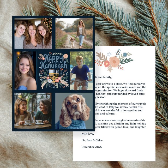 Cartes Pour Fêtes Annuelles PHOTO HEUREUSE HANOUKKA CUSTOM 6 Dessinée À LA MAI (HAPPY HANUKKAH Hand-Drawn Floral Botanical CUSTOM 6 PHOTO Holiday Card
)