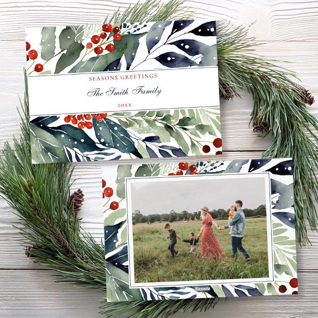 Cartes Pour Fêtes Annuelles Photo Joyeuses Fêtes aquarelle verte (Créateur téléchargé)