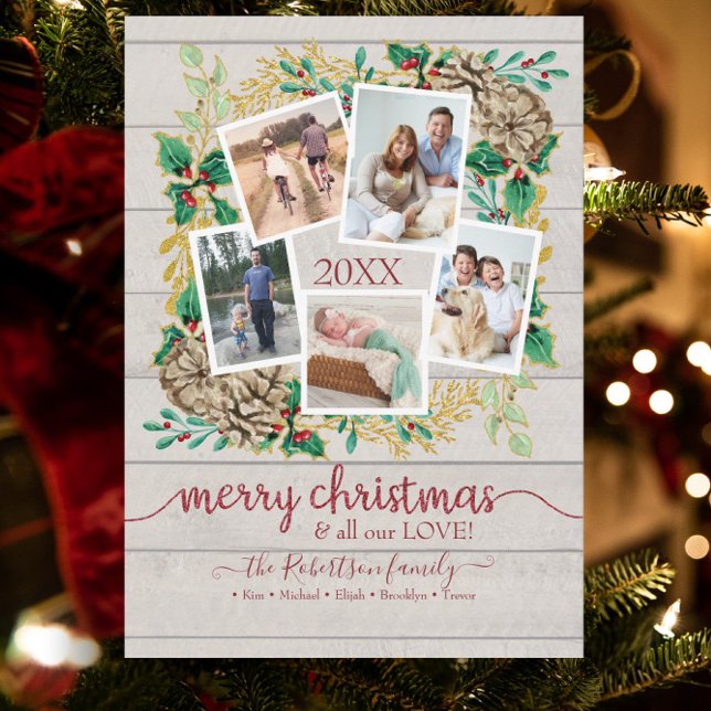 Cartes Pour Fêtes Annuelles PHOTO Joyeux Noël Verdure Wreath Aquarelle (Créateur téléchargé)