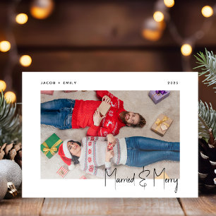 Cartes Pour Fêtes Annuelles Photo minimal Mariés et Joyeux Écriture noire