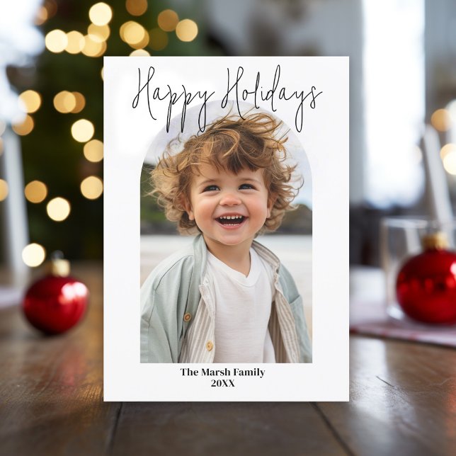 Cartes Pour Fêtes Annuelles Photo minimale avec arc moderne - noir et blanc (Modern, minimal Christmas Greeting card with arch photo, white border and script text.)