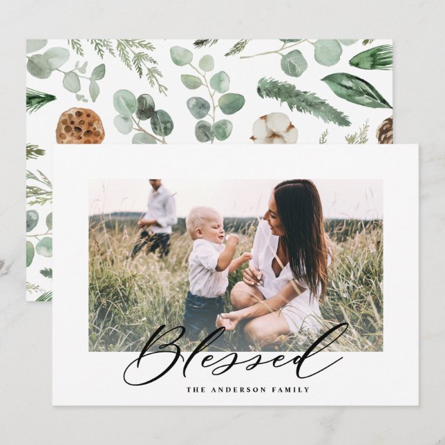 Cartes Pour Fêtes Annuelles Photo minimale de Christmas blessed script (Devant / Derrière)