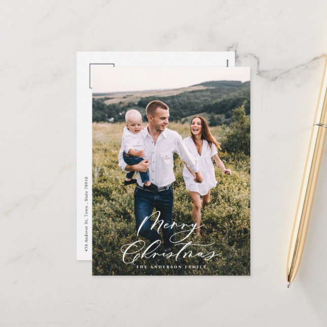 Cartes Pour Fêtes Annuelles Photo minimale moderne Noël élégant script (Devant/Arrière en situation)