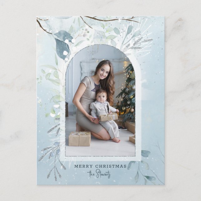 Cartes Pour Fêtes Annuelles Photo moderne Blue Sparkly Winter Botanique Arc (Devant)