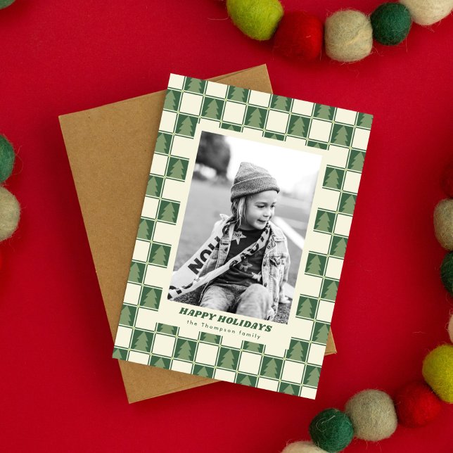 Cartes Pour Fêtes Annuelles Photo moderne Bold Retro Green Christmas Checker (Créateur téléchargé)