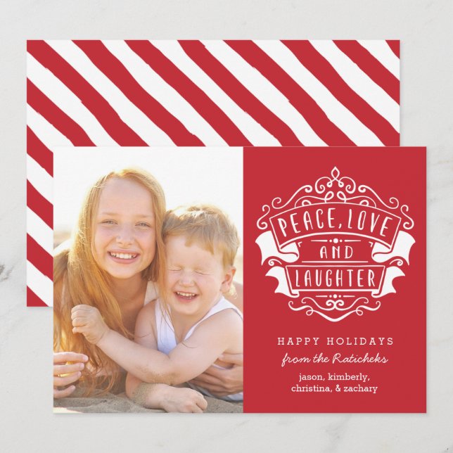 Cartes Pour Fêtes Annuelles Photo moderne de paix, d'amour et de rire | Rouge (Devant / Derrière)