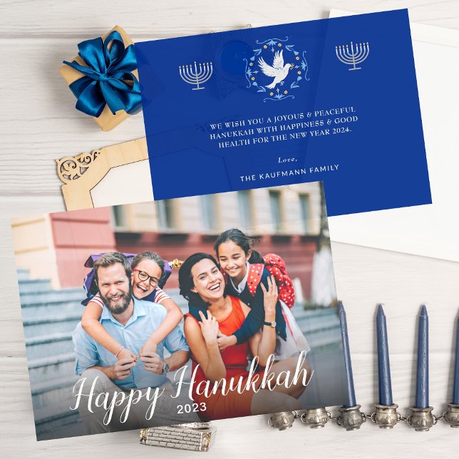 Cartes Pour Fêtes Annuelles Photo moderne Hanoukka Joyous Joyous paisible (Modern Photo Hanukkah card. Personalize photo and message.)