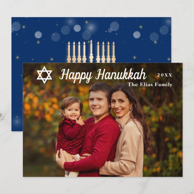 Cartes Pour Fêtes Annuelles Photo moderne Happy Hanoukka Blue et Gold (Devant / Derrière)