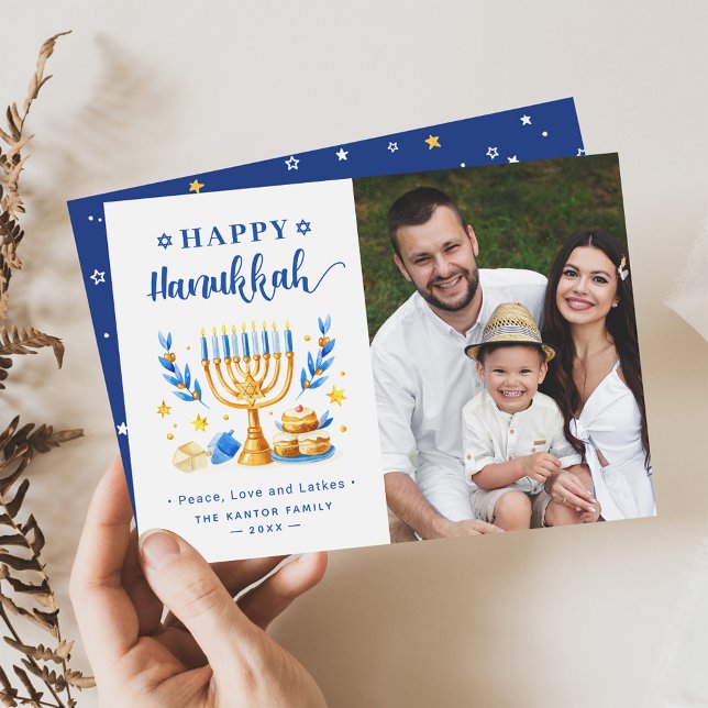 Cartes Pour Fêtes Annuelles Photo moderne Happy Hanoukka Peace Love and Latkes (Créateur téléchargé)