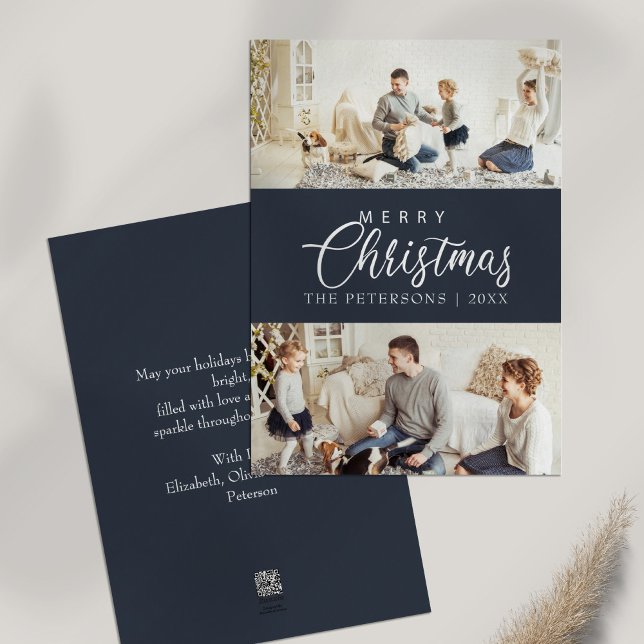 Cartes Pour Fêtes Annuelles Photo moderne Midnight Blue Collage Noël (Modern Midnight Blue Photo Collage Christmas Holiday Card on white table)