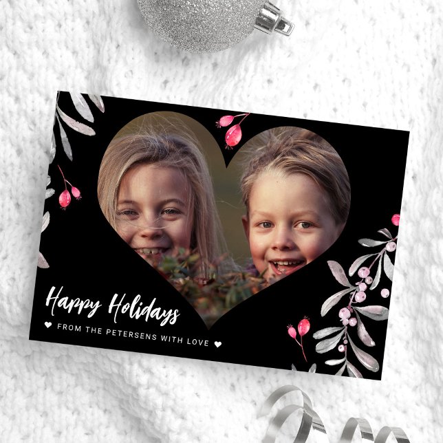 Cartes Pour Fêtes Annuelles Photo moderne rose des baies sainte Joyeuses Fêtes (Créateur téléchargé)