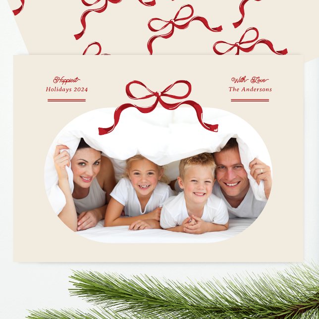 Cartes Pour Fêtes Annuelles Photo moderne rouge Bow Oval Happest (Créateur téléchargé)