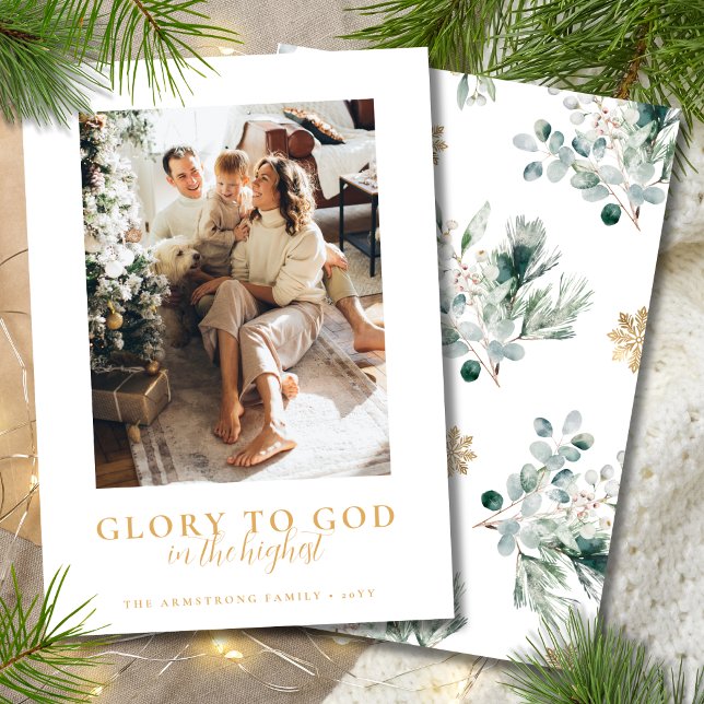 Cartes Pour Fêtes Annuelles Photo moderne Simple Gold & Green Christmas (Religious Christmas card with photo, Bible verse and winter greenery)