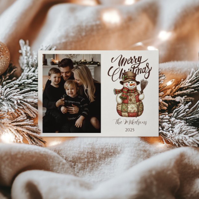 Cartes Pour Fêtes Annuelles Photo Patchwork Rustique Bonhomme de Neige Noël (Créateur téléchargé)