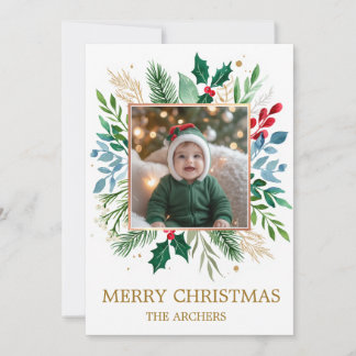 Cartes Pour Fêtes Annuelles Photo personnalisé Joyeux Noël Aquarelle Botanique