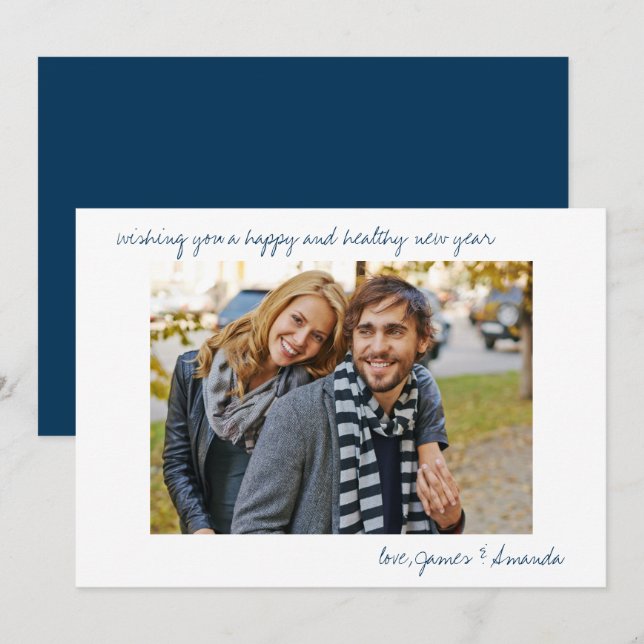 Cartes Pour Fêtes Annuelles Photo personnalisée Bleu Décontracté Script Minima (Devant / Derrière)