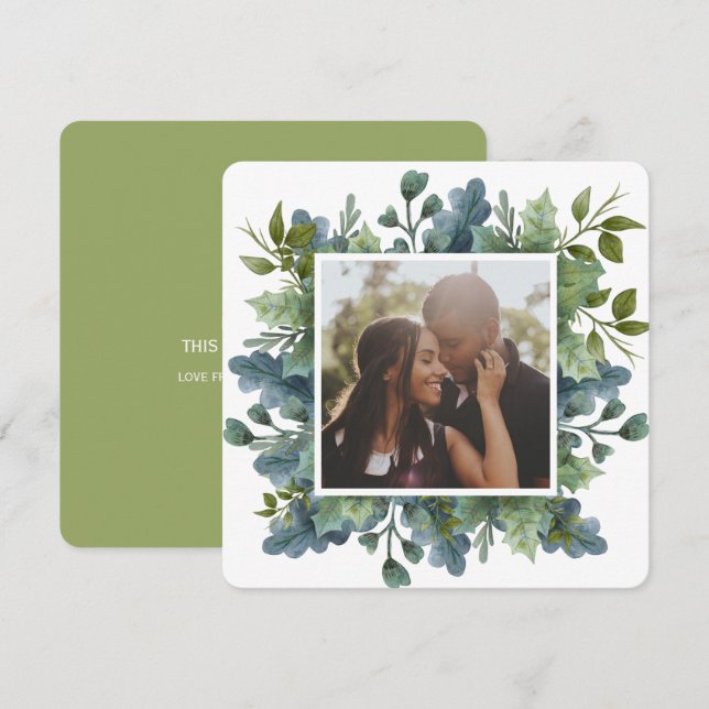 Cartes Pour Fêtes Annuelles Photo personnalisée de Noël bleu vert Feuille (Devant / Derrière)