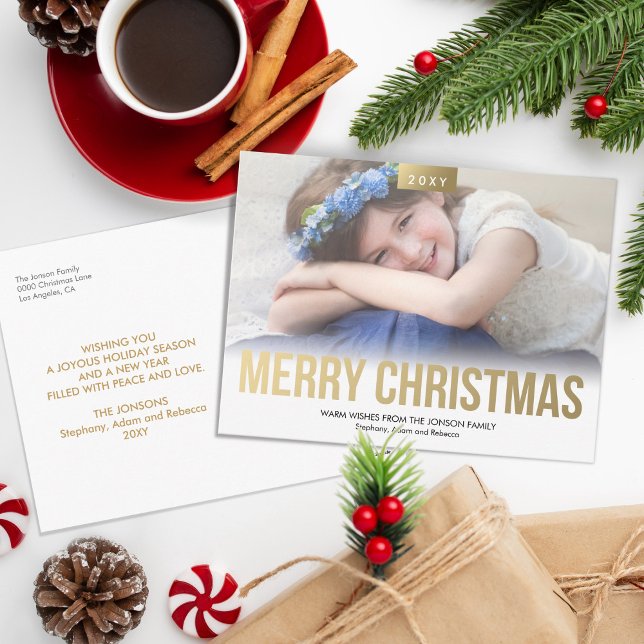 Cartes Pour Fêtes Annuelles Photo personnalisée Gold Bold Simple Joyeux Noël (Créateur téléchargé)