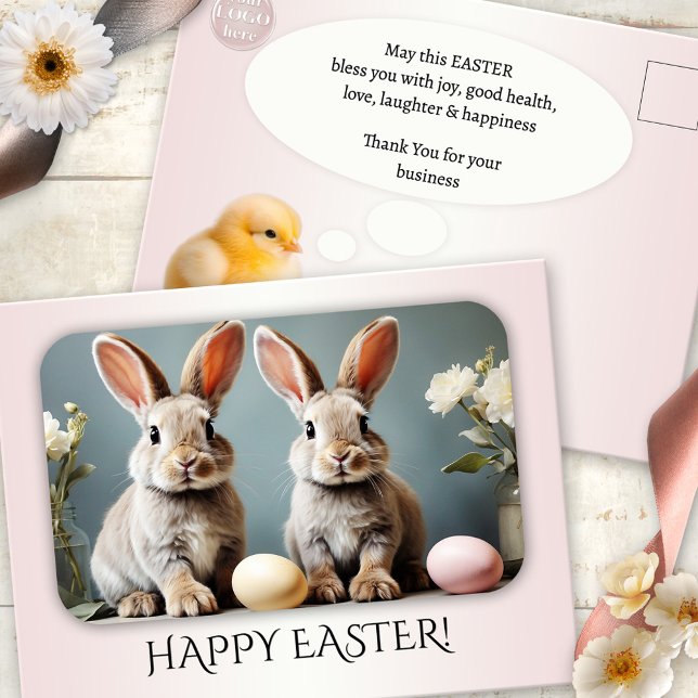 Cartes Pour Fêtes Annuelles Photo personnalisée Happy Easter Business (Happy Easter Thank You for your business postcard with custom photo and logo on soft pastel pink)