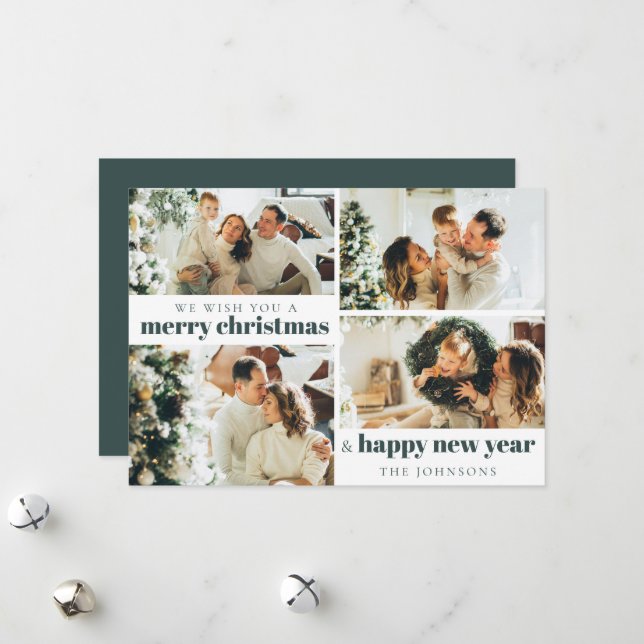Cartes Pour Fêtes Annuelles Photo personnalisée moderne élégante Noël Vert fon (Devant/Arrière en situation)