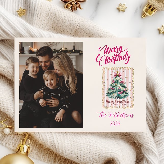 Cartes Pour Fêtes Annuelles Photo Pink Bow Merry Christmas (Créateur téléchargé)