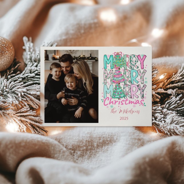 Cartes Pour Fêtes Annuelles Photo Pink Merry Merry Christmas Tree (Créateur téléchargé)