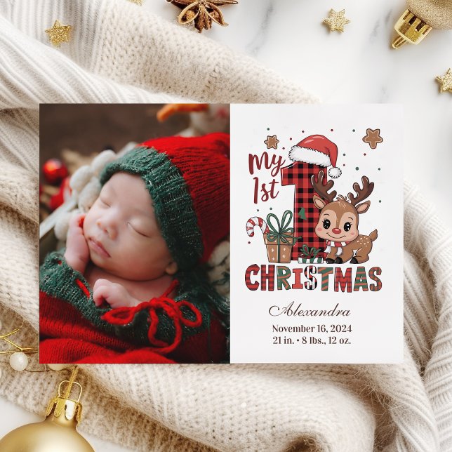 Cartes Pour Fêtes Annuelles Photo Plaid Reindeer Premier Noël (Créateur téléchargé)