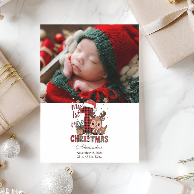 Cartes Pour Fêtes Annuelles Photo Plaid Reindeer Premier Noël (Créateur téléchargé)