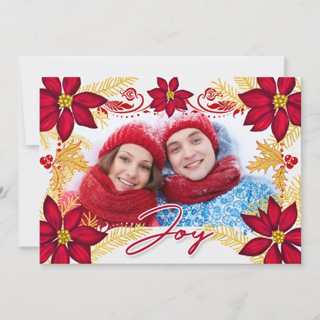 Cartes Pour Fêtes Annuelles Photo Red Poinsettia Joy Gold Pine Holiday Car (Devant)