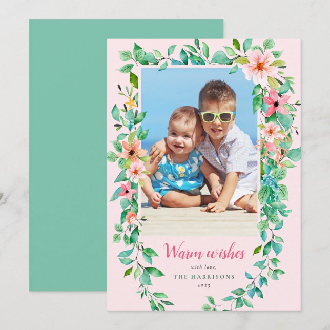 Cartes Pour Fêtes Annuelles Photo rose florale de Noël tropical (Devant / Derrière)