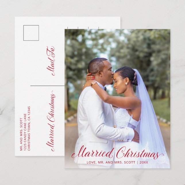 Cartes Pour Fêtes Annuelles Photo Rouge moderne Élégant Noël de mariée (Devant / Derrière)