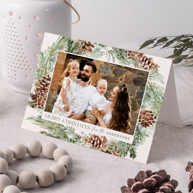 Cartes Pour Fêtes Annuelles Photo Russe Watercolor Pine Cone Wreath Photo (Créateur téléchargé)