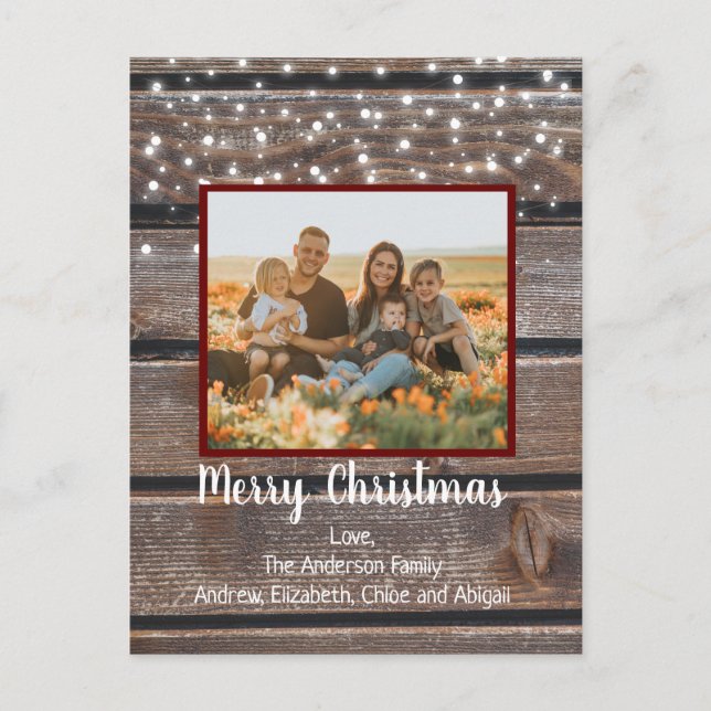 Cartes Pour Fêtes Annuelles Photo Rustique Bois Chaîne Lumières Noël (Devant)