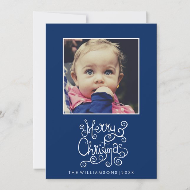 Cartes Pour Fêtes Annuelles Photo Whimsical Christmas Blue Calligraphy Swirl (Devant)