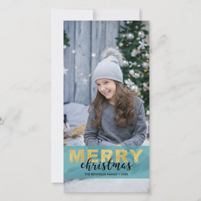 Cartes Pour Fêtes Annuelles Photocarte de Noël Elegant Or Bleu Merry (Devant)
