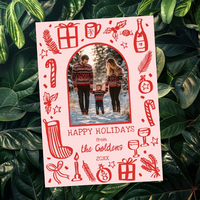 Cartes Pour Fêtes Annuelles Photographie d'arche personnalisée de Noël mignon (Whimsical Doodle Sketch Christmas Cute Custom Arch PHOTO Holiday Card Pink Red
)