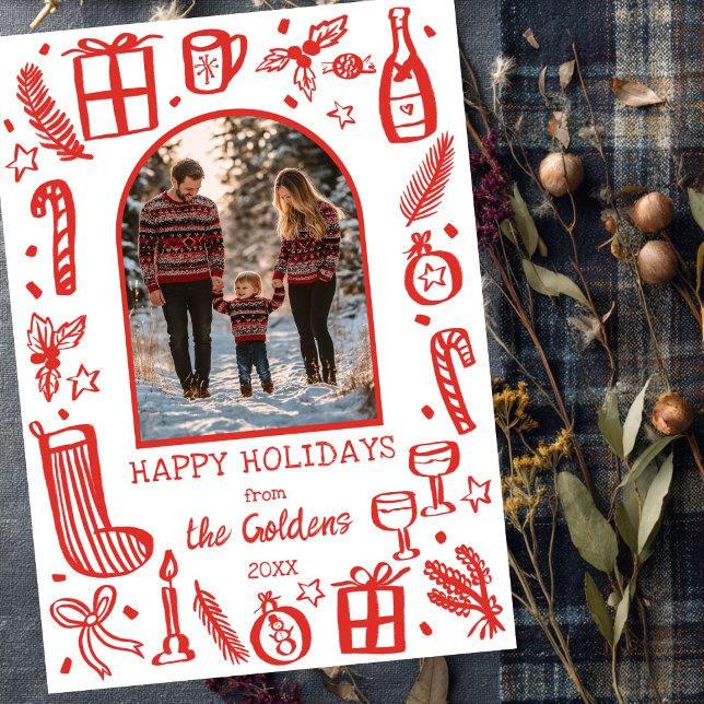 Cartes Pour Fêtes Annuelles Photographie d'arche personnalisée de Noël mignon (Whimsical Christmas Cute Custom Arch PHOTO Modern Doodle Sketch Holiday Card
)