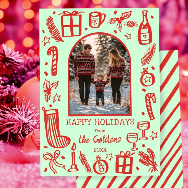 Cartes Pour Fêtes Annuelles Photographie d'arche personnalisée de Noël mignon (Whimsical Doodle Sketch Christmas Cute Custom Arch PHOTO Holiday Card
)