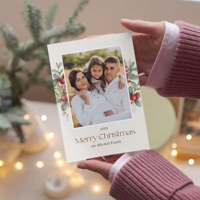 Cartes Pour Fêtes Annuelles Photographie de Fruits de Noël Joyeux (Botanical Christmas photo card with berries and leaves in classic holiday colors and photo)
