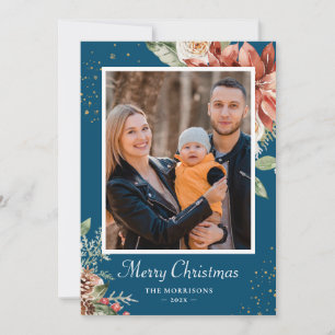 Cartes Pour Fêtes Annuelles Photos de la famille de Noël rouge et bleu d'hiver