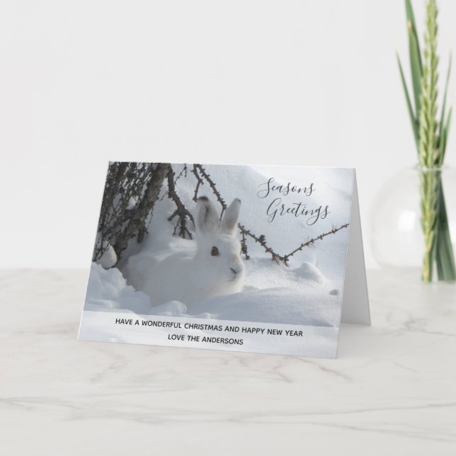 Cartes Pour Fêtes Annuelles Photos de Noël de neige d'hiver de lapin blanc Pho (Devant)