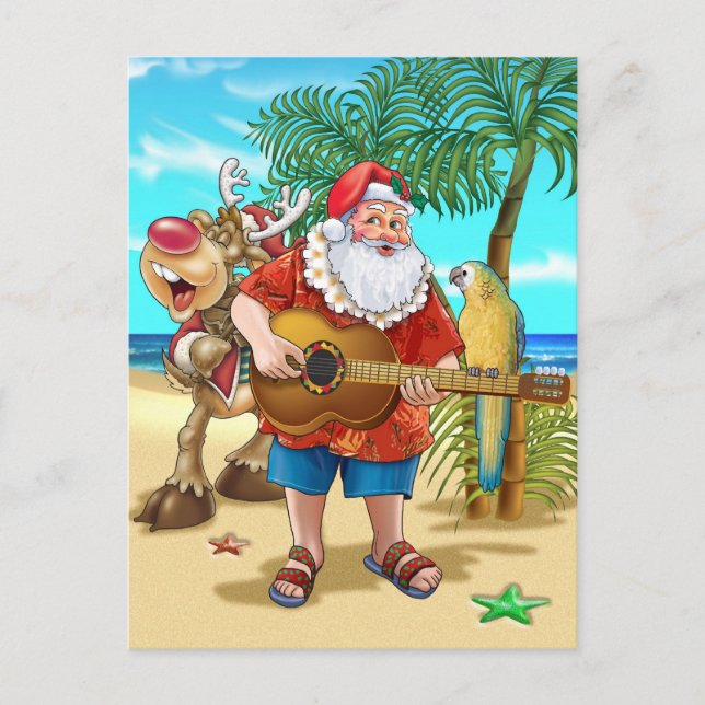Cartes Pour Fêtes Annuelles Photos tropicales, Père Noël sur la plage (Devant)