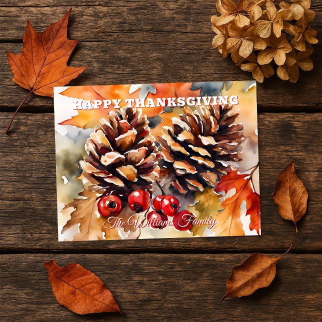 Cartes Pour Fêtes Annuelles Pin d'aquarelle confortable et Berry Thankgiving (Créateur téléchargé)