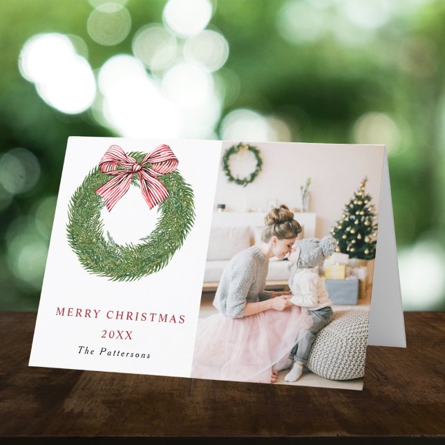 Cartes Pour Fêtes Annuelles Pin d'hiver Wreath Red Bow Deux photos Noël (Créateur téléchargé)