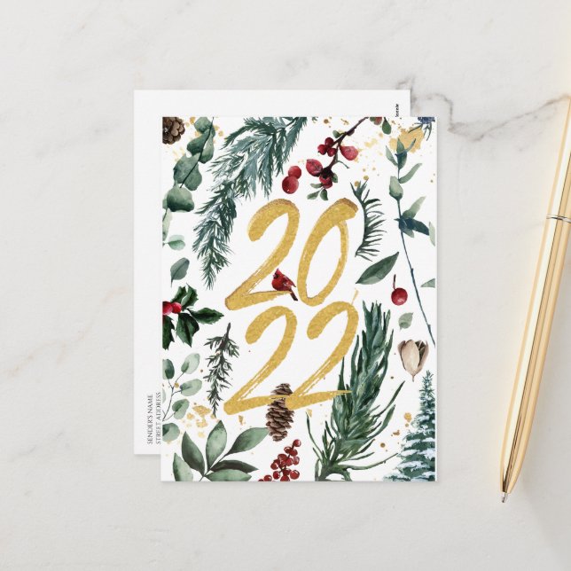 Cartes Pour Fêtes Annuelles Pin d'or 2022 festive Magnolia Noël (Devant/Arrière en situation)