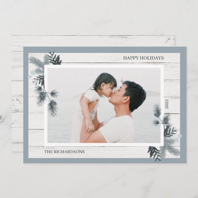 Cartes Pour Fêtes Annuelles Pin festif & Bois blanc rustique Shiplap Photo (Devant / Derrière)